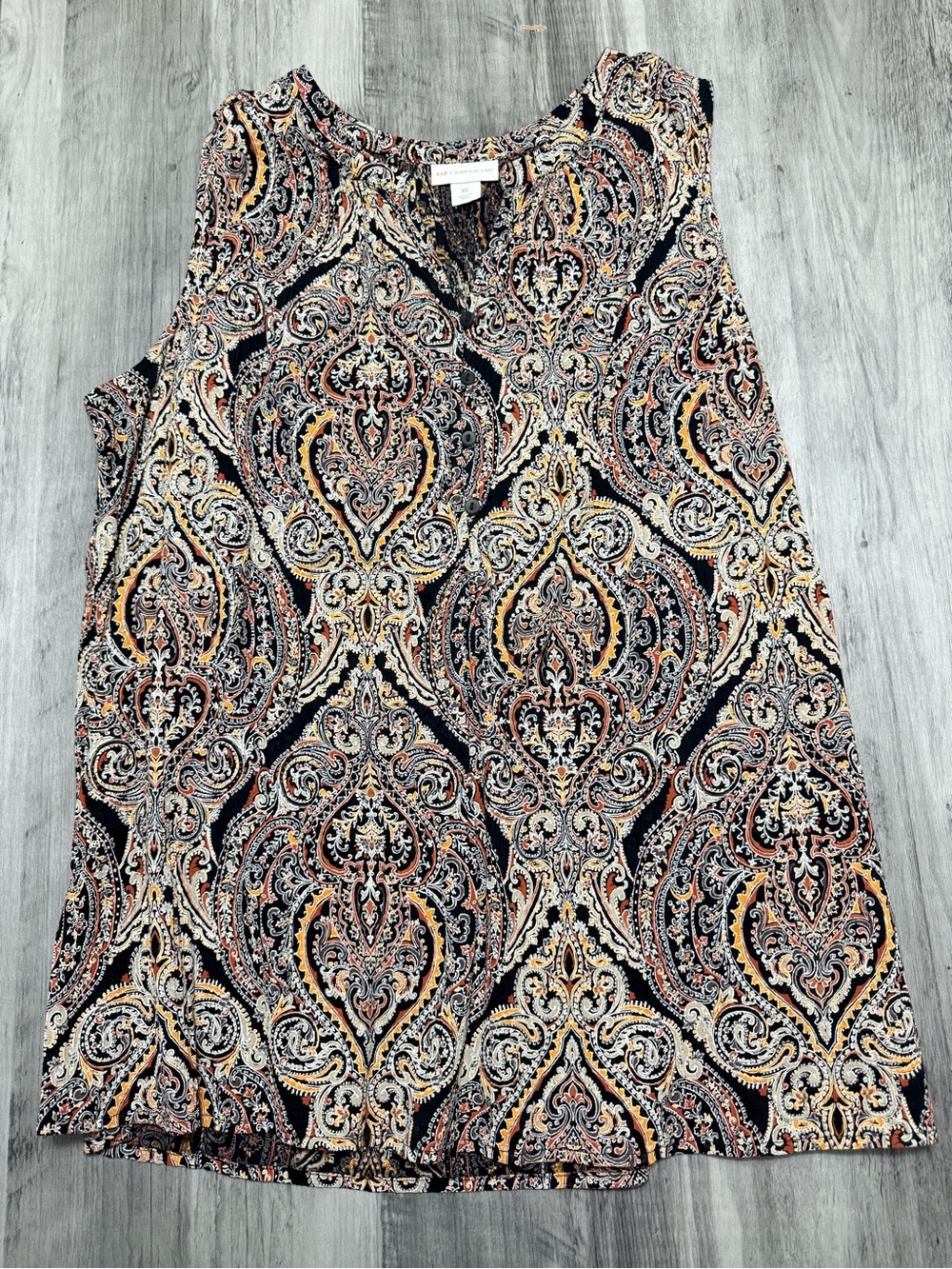 Liz Claiborne Black Paisley Sleeveless Shell with Cream & Orange Details
